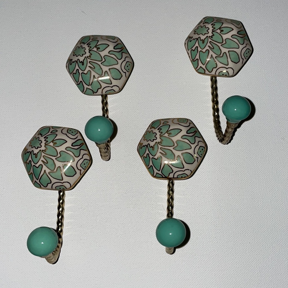 Decorative porcelain/brass wall hooks, green blue and gold enamel 4” x 3”